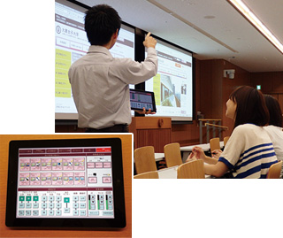 （右）教卓から離れた学生視点での授業を実現    （左）動きながらの機器操作を可能にしたタブレット利用のコントローラ
