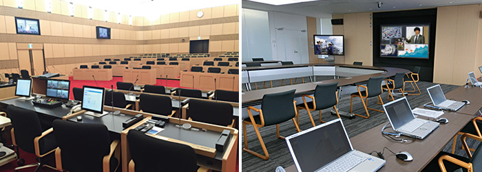 (左)本会議場　BOSCH会議システム「フラッシュマウント」を導入。議員席に設置した名板スイッチにより出席議員数を自動集計  (右)特別会議室（災害対策本部室）平常時には一般的な会議室として利用