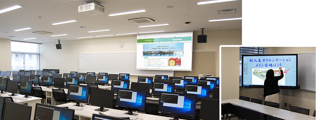 3F情報演習室：120型スクリーンと各机のセンターモニターに映像を提示
