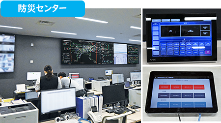 (左)マルチディスプレイを操作するタッチパネル(右)緊急時に一括でサイネージをコントロールできるタッチパネルを採用