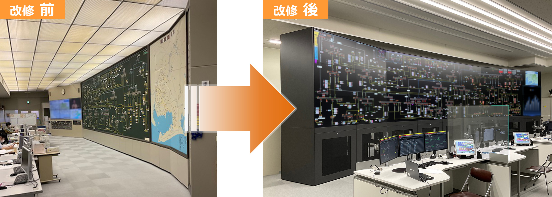 （左）岡崎給電制御所の取り替え前に使われていたモザイクパネル式系統監視盤と（右）2022年5月改修後の液晶マルチディスプレイ系統監視盤（55インチ 27面）