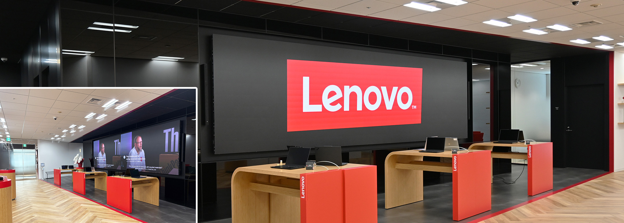 エントランス　大型LEDディスプレイ（135インチ×2面）、全面・2分割表示が可能/Lenovo・NECPCの製品や技術、ThinkPadの歴史、ブランドストーリーを映し出す