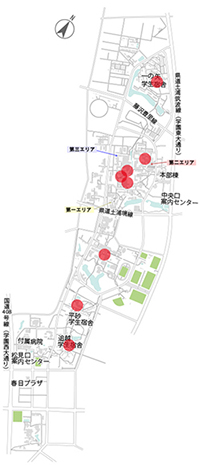 南北4km、東西1kmにわたる広大なキャンパス ※赤丸が電子掲示板の主な設置場所