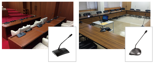 (左)本会議場　BOSCH会議システム「Dディスカッション」(右)308会議室　BOSCH会議システム「CCS900Ultro」